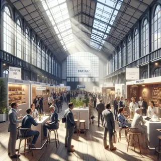 A bright, modern exhibition hall in Rennes with exhibitors talking to visitors at organized booths, local Breton products on display, and an international cultural area in the background.