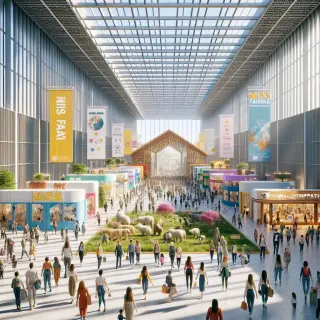 Allée animée d’un parc des expositions, visiteurs marchant et découvrant des stands colorés, lumière naturelle, espace décoré de façon spectaculaire, ambiance familiale et conviviale.