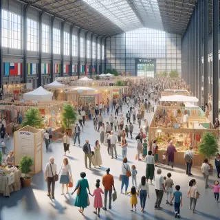 Allée animée d'une foire dans un hall d’exposition avec visiteurs, stands d’artisans et lumière naturelle.
