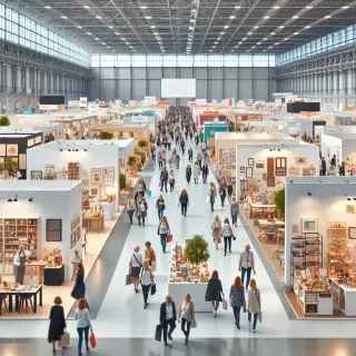 Allée animée de la Foire de Rennes, visiteurs discutant avec exposants dans un espace lumineux et bien organisé, stands de gastronomie, habitat et loisirs visibles