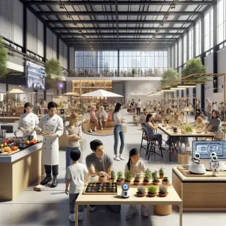 Atelier de cuisine, démonstration de robots, et jardinage urbain dans une halle moderne, ambiance conviviale avec des animations familiales, lumière naturelle abondante.