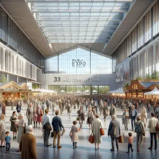 Busy entrance hall at Parc Expo de Rennes, with visitors walking and chatting, colorful stands in the background, and sunlight streaming in through large windows.