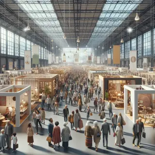 Crowded exhibition hall at a fair with people walking among booths showcasing home, food, and craft items under bright lights.
