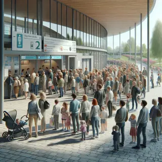 Entrée animée d’un centre d’exposition avec visiteurs, guichet de billetterie, familles et panneaux d’information.