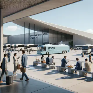 Entrée animée d’un parc expo moderne avec visiteurs, food truck breton, bus et voitures en journée calme