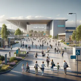 Entrée animée du parc des expositions de Rennes pendant la foire, avec familles, enfants et aménagements accessibles