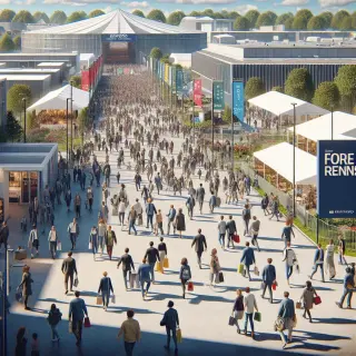Entrée animée du Parc Expo de Rennes pendant la Foire de Rennes, foule diverse de visiteurs sous un ciel clair, stands et bannières visibles, ambiance familiale et festive.