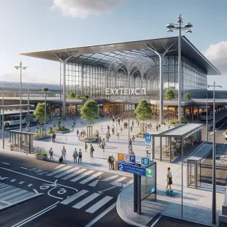 Entrée d'un parc expo moderne avec parking, arrêts bus et métro, espace enfants et restauration sous le soleil