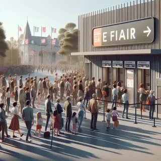 Entrée d'une foire avec adultes et enfants devant une billetterie, ambiance familiale et ensoleillée.