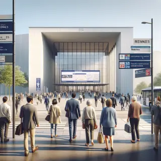 Entrée d'une foire à Rennes, visiteurs arrivant à pied, ambiance calme en journée, indications vers bus et métro visibles, plan interactif près de l'entrée