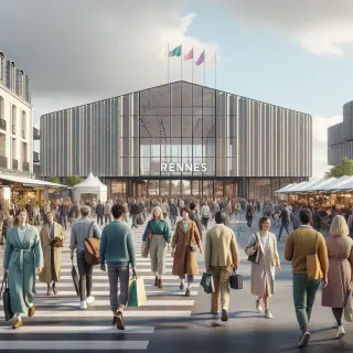Entrée de la Foire de Rennes avec visiteurs, familles, stands de restauration et ambiance conviviale au printemps.