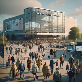 Entrée du Parc des Expositions de Rennes lors d'une foire avec familles et groupes arrivant, devant la grande façade vitrée, parking en arrière-plan, lumière douce de printemps.