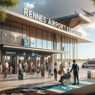 Entrée du Parc Expo de Rennes Aéroport avec familles, étudiants, seniors, navette, parkings gratuits et accès facile pour personnes à mobilité réduite.