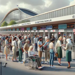 Entrée du Parc Expo de Rennes avec des visiteurs achetant leurs billets, une personne en fauteuil roulant et une file d’attente modérée sous un ciel lumineux.