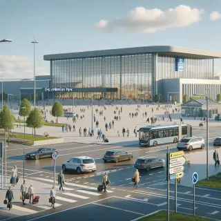 Entrée du Parc Expo de Rennes avec visiteurs arrivant, parking, arrêt de bus, par une journée ensoleillée