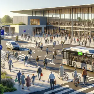 Entrée du Parc Expo de Rennes avec visiteurs arrivant à pied, à vélo et en voiture, bus à l’arrêt, par beau temps.