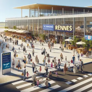 Entrée du Parc Expo Rennes Aéroport avec des visiteurs et familles arrivant, panneaux de la Foire de Rennes visibles, zone de restauration à l'arrière, ambiance accueillante par temps ensoleillé.