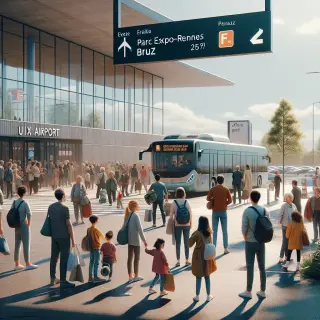 Entrée du Parc Expo Rennes-Aéroport avec visiteurs, navette gratuite, bus, voitures en stationnement, ambiance de sortie printanière.