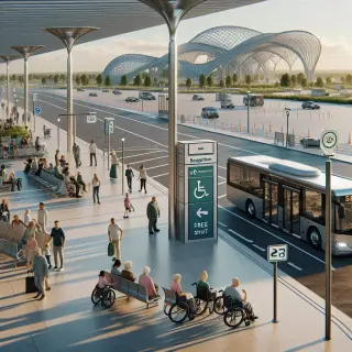 Entrée moderne d'un parc expo sous le soleil, avec bus de navette, parking gratuit, visiteurs et accessibilité évidente pour tous.