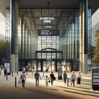 Entrée principale d'un parc des expositions à Rennes avec des visiteurs, des familles et une atmosphère accueillante sous la lumière naturelle du matin.
