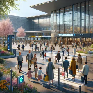 Entrance of Parc Expo Rennes during spring, families arriving, play area for kids visible, clear weather, accessible atmosphere
