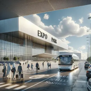 Entrance of Parc Expo Rennes with people walking to the building, cars parked in a large lot, and a shuttle bus arriving under a clear sky.