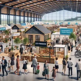 Exhibition hall with eco-friendly product stands, local experts talking to visitors, and a 'Hall Terroir' area with Breton foods; bright, welcoming atmosphere.