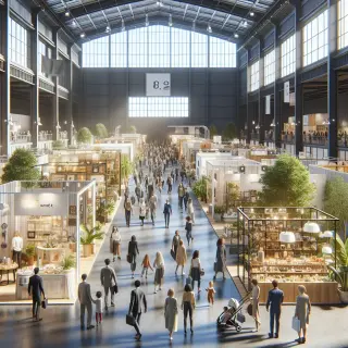 Exhibition hall with stands for home, garden, crafts, and food, families and professionals browsing, children playing in a safe area, bright and welcoming atmosphere.