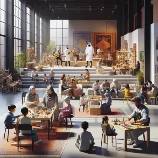 Exposition intérieure animée avec ateliers créatifs, démonstration culinaire et scène musicale dans une ambiance conviviale.