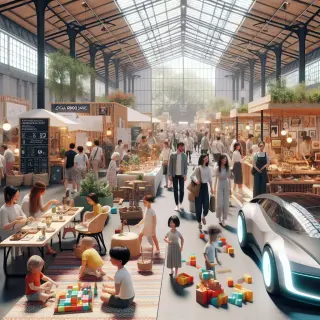 Fairground with home decoration booth, local food tastings, electric car display, children's play area, wellness workshop, and artisans' stands under daylight.