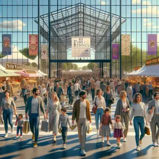 Visitors and families walking toward the main entrance of the Parc Expo during the Foire de Rennes, with colorful banners, food stands, and stalls visible.