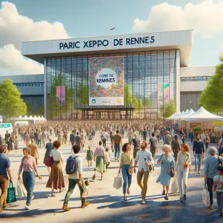 crowds of people of all ages entering the Parc Expo de Rennes for the Foire de Rennes, with banners, white tents, and food trucks on a bright spring day