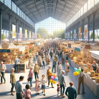Busy exhibition hall at Parc Expo Rennes with families and exhibitors at colorful stands, showcasing local food, crafts, and home innovations.
