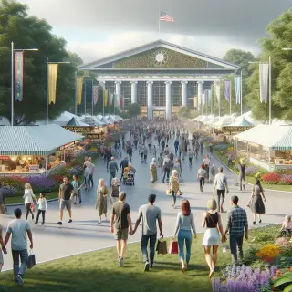 Crowd of visitors of all ages walking towards a modern exhibition hall decorated with banners, with food stalls and show cars nearby under a soft daylight sky.