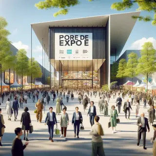 Entrance of the Parc Expo in Rennes on a sunny spring day, with diverse visitors approaching the fairground and colorful stalls set up under green trees.