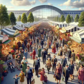 Crowds enter a vibrant fairground with colorful stands, families and exhibitors gathered under a clear sky, festive and welcoming atmosphere.