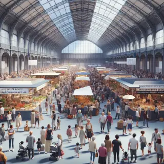 Spacious, bright exhibition hall at a French fair with visitors exploring colorful stands for local food, crafts, and home products, in a friendly, lively atmosphere.