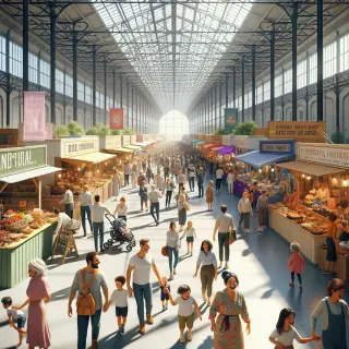 Visitors of all ages explore a busy, well-lit exposition hall at the Foire de Rennes, with booths showcasing local gastronomy, crafts, cars, and family activities.