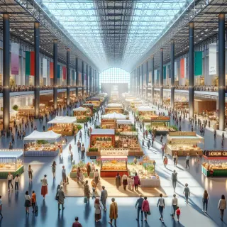 Spacious exposition hall at Parc Expo Rennes with visitors exploring various colorful stands for food, home decor, crafts, and watching a live cooking demo; natural daylight fills the lively, festive scene.