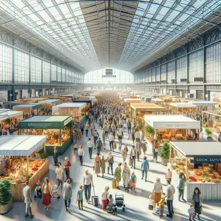 Visitors walking among stands at a bustling indoor trade fair, with artisan displays, food tastings, and families enjoying the event at the Rennes exhibition center.