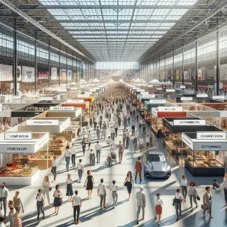 Crowd of people visiting stands at a large, modern indoor fair, with home decor, food sampling, and automobile displays under bright natural light.