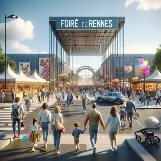 Families and visitors arriving at the entrance of Parc Expo de Rennes for the Foire de Rennes, under a clear sky, with food stalls and colorful stands in the background.