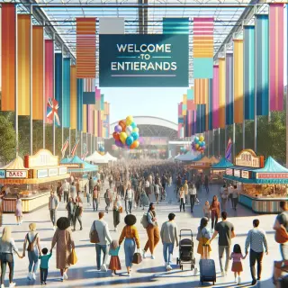 Entrance of Parc Expo de Rennes with crowds arriving for a festive event, colorful flags and booths visible, bright daylight atmosphere.