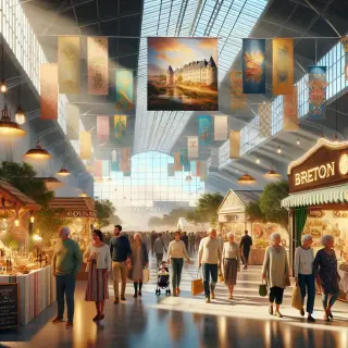 Allée principale d’une foire, avec des stands colorés, des visiteurs de tous âges et une ambiance animée et chaleureuse