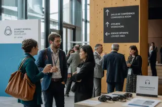 Professionals conversing and moving through a modern conference space in Rennes, naturally lit and subtly busy, with international and local attendees in a candid, real-life atmosphere.