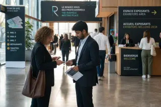 Two professionals exchange badges in a sunlit corridor at Rennes Exhibition Centre as visitors move past in the background