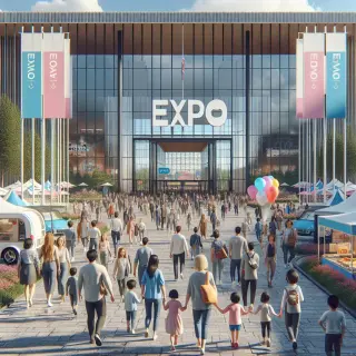 Parc des expositions de Rennes avec des visiteurs entrant lors d'une journée ensoleillée, stands colorés, familles avec enfants, et ambiance conviviale du printemps.