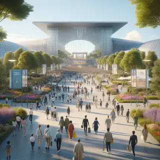 Visitors of all ages arriving at the modern Parc Expo Rennes entrance under sunny daylight, with welcoming banners and a lively but organized crowd.