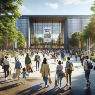 Entrée du Parc Expo de Rennes par temps ensoleillé avec des visiteurs de tous âges arrivant pour la Foire de Rennes, ambiance animée et accueillante, affiches colorées à l’entrée