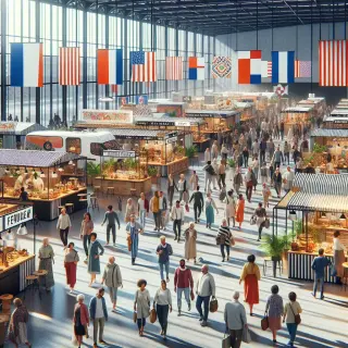 Wide indoor shot of a bustling exhibition hall with families and visitors exploring diverse stands displaying food, crafts, and home products, under bright daylight, with a chef demo attracting a crowd.